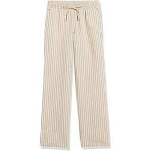 Amazon Essentials Women Beige White Striped Linen Blend Straight Leg Pants